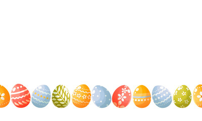 Seamless horizontal border of Easter colorful eggs with cute patterns. Happy easter. Easter banner, card, poster.Design element. Vector illustration on a white background.