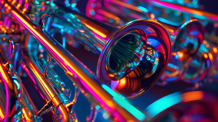 Neon glow on brass musical instruments.
