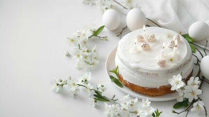 Obraz na płótnie Canvas Elegant white cake surrounded by spring blossoms and eggs. perfect for spring celebrations and gatherings. a tasteful, serene composition. AI