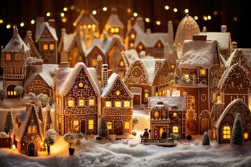 quaint village with gingerbread houses and smiling gingerbread men.