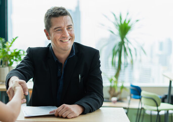 businessman happy smile and shake hand with partner, man sitting in relax workplace. colleague woman and man working in modern office