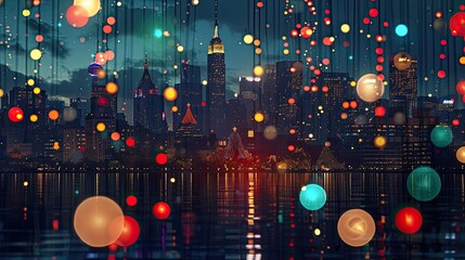 skyline of a city adorned with vibrant, glowing festive decorations at night