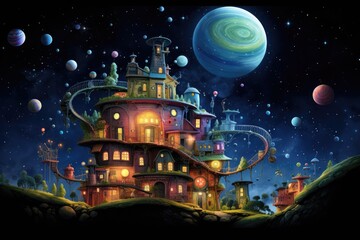 spiraling galaxy full of cute, friendly aliens and their planet homes.