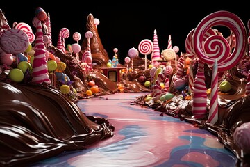 topsy-turvy candy land with chocolate rivers and lollipop trees.