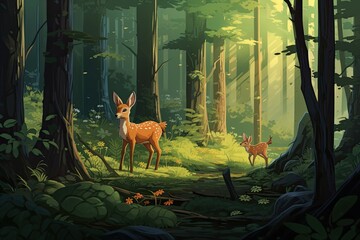tranquil forest with friendly woodland creatures.