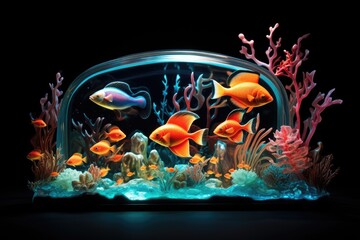 vibrant 3D holographic representation of an underwater world filled with glowing fish.
