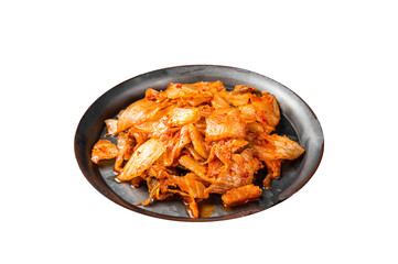 Chinese cabbage kimchi in black dish, Korean cuisine.  Isolated, Transparent background.