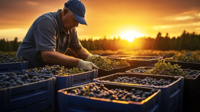 A man is picking blueberries and putting them in boxes ready to be shipped overseas. Evening atmosphere