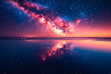 Starry Sky Reflecting in Tranquil Waters at Sunset, with Clouds Painting a Beautiful Dusk Horizon...