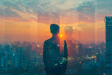 The double exposure image of the business man standing back during sunrise overlay with cityscape image. The concept of modern life, business, city life and internet of things