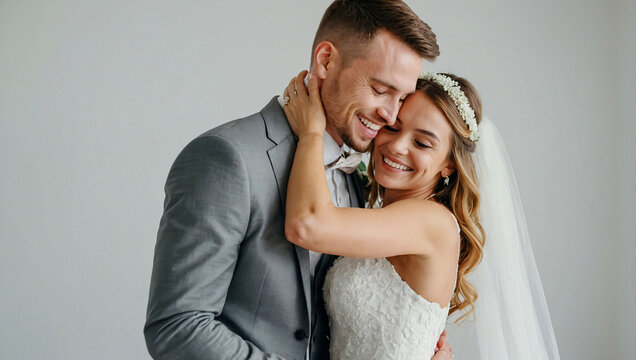 happy smiling newlywed couple embrace each other on a clean background