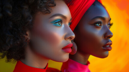 Fototapeta premium portrait of a black woman, International Women's day concept background, Strong and brave girls supporting each other, and the feminist movement. Sisterhood and female friendship