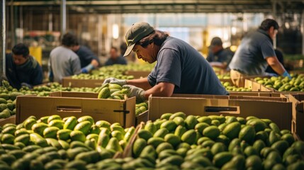 Farmers pack the highest grade Hass avocados into boxes ready to export overseas. - obrazy, fototapety, plakaty