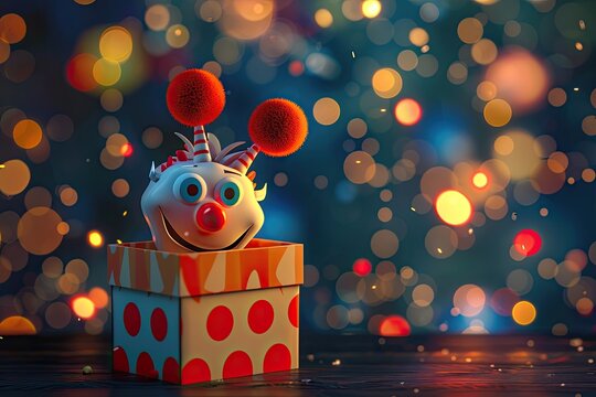 April Fools Day banner, clown toy, jester toy, Funny Jack in snuff box, space for text