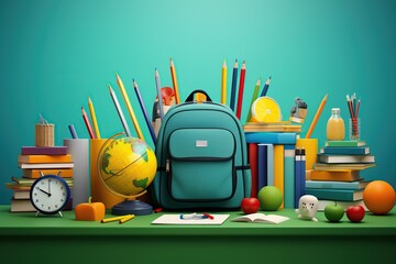 Colorful School Supplies and Backpack on Desk. 