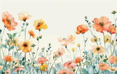 Watercolor spring background. watercolor floral border with fresh flowers for greeting cards