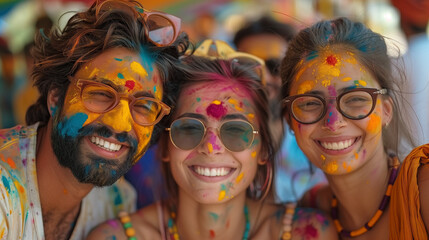 Obraz premium portrait of family with paint on their face celebrating Holi together in India, Holi Festival of color, Holi celebration in Nepal or India