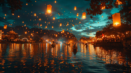 white paper lantern in the sky at a small water pond, Loi Krathong festival or Yi Peng in Thailand, people with white paper lanterns at Loy Krathong Thailand, Family release sky lanterns