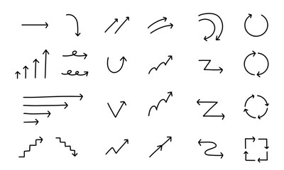 手描きの矢印イラストセット。シンプルな細い線で描かれたかわいい矢印。回転、サイクル、上昇、成長のイメージ。
