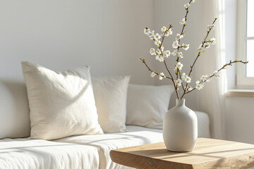 Spring blossom in ceramic vase on wooden table against white sofa. Home interior and decor.