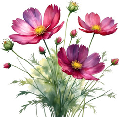 Obraz premium Watercolor painting of a bouquet of Cosmos flowers.