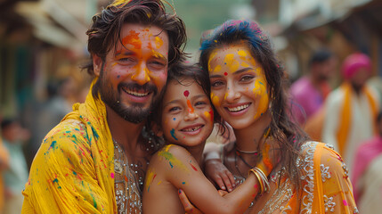 portrait of family with paint on their face celebrating Holi together in India, Holi Festival of color,  Holi celebration in Nepal or India, mam and dad  - Powered by Adobe