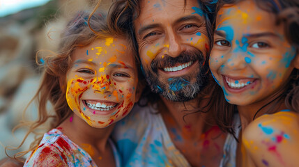 portrait of family with paint on their face celebrating Holi together in India, Holi Festival of color, Holi celebration in Nepal or India