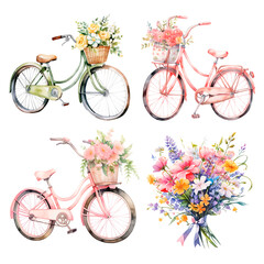 Fototapeta na wymiar Hand painted watercolor set bouquet of flowers, bicycle with basket and flowers, watercolor stain.