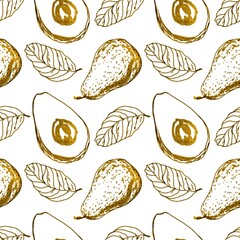 Avocado, seamless pattern. Gold graphic illustration isolated on white background. Design element for covers, wallpaper, wrapping paper, boxes, labels