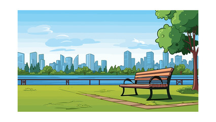 Park scene with bench and city skyline in the background. Vector illustration - obrazy, fototapety, plakaty