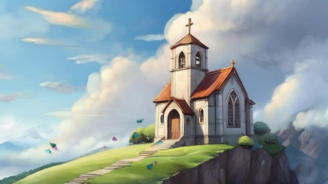 beautiful view of the church on the hill. anime or cartoon watercolor painting style. seamless and looping animation