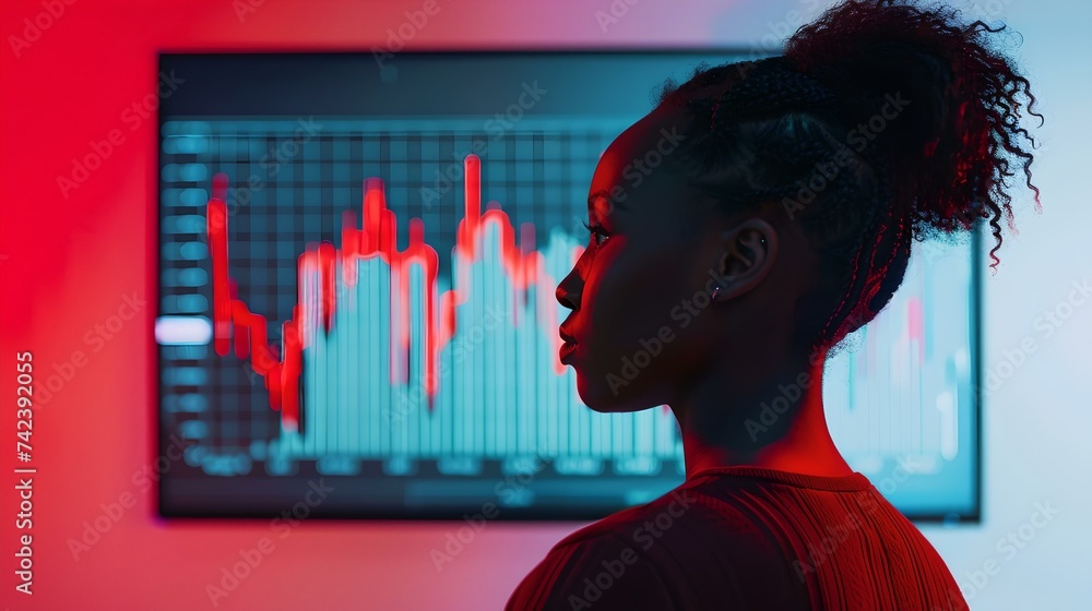 Poster silhouette of a woman against illuminated graphs on screen. modern technology and data analysis conc