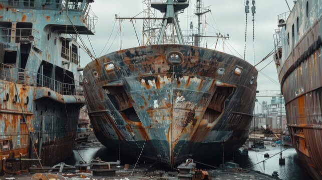 
Rusty old ship abandoned in a shipyard junkyard, awaiting repair, showcasing industrial decay and maritime history
