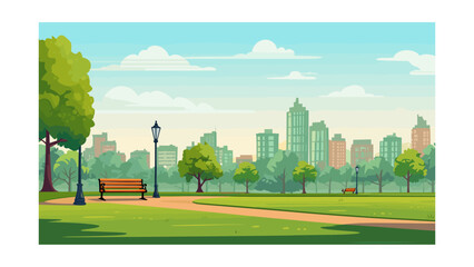 City park with bench and skyscrapers in the background. Vector illustration