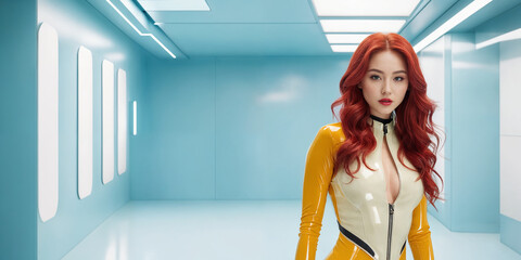 Strong real BDSM adult red hair asian mistress wearing fetish latex rubber catsuit and poses in deep yellow erotic in light blue futuristic interior. Generative Ai - obrazy, fototapety, plakaty