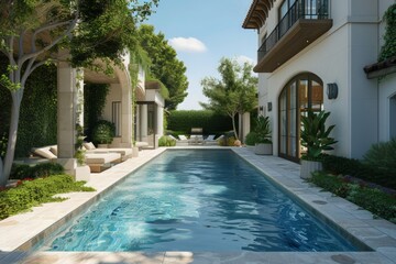 A spacious swimming pool, complemented by the lush greenery of trees and bushes, creating an inviting oasis.