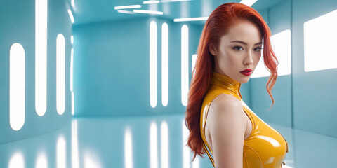 Strong real BDSM adult red hair asian mistress wearing fetish latex rubber catsuit and poses in deep yellow erotic in light blue futuristic interior. Generative Ai - obrazy, fototapety, plakaty