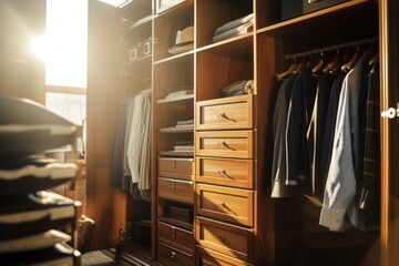 A modern wardrobe with a generous amount of clothing items hanging inside.