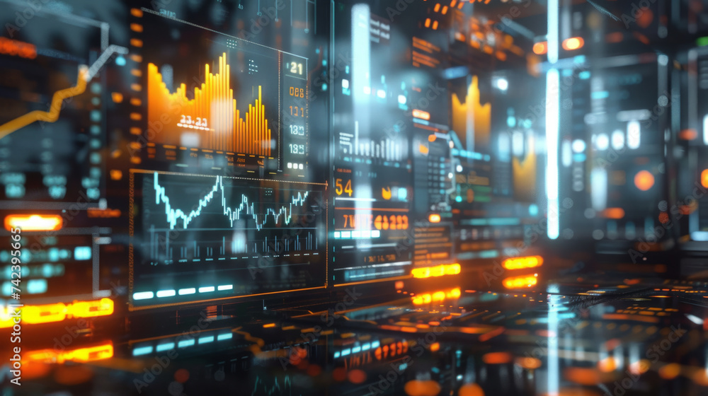 Aufkleber a close-up view of a futuristic trading dashboard with glowing financial charts and data analysis in