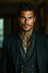 Obraz premium A man with tattoos standing in a room. Generative AI.