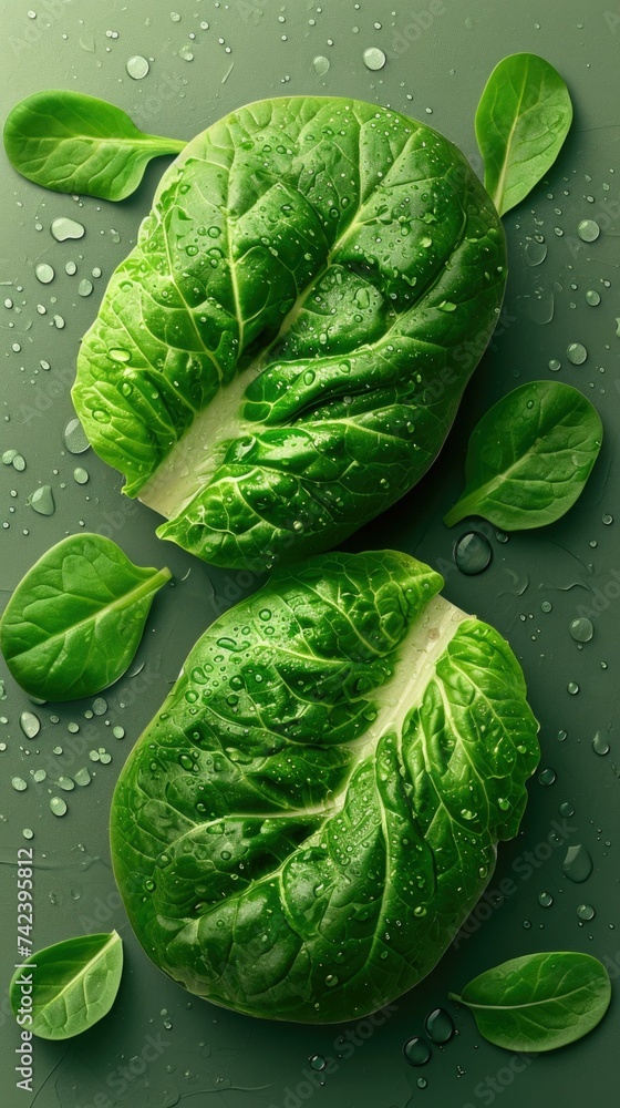 Poster Two lettuce leaves are shown on a green background. Generative AI.