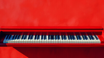 Piano keys on a red wall background.  copy space