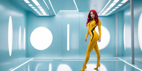 Strong real BDSM adult red hair asian mistress wearing fetish latex rubber catsuit and poses in deep yellow erotic in light blue futuristic interior. Generative Ai