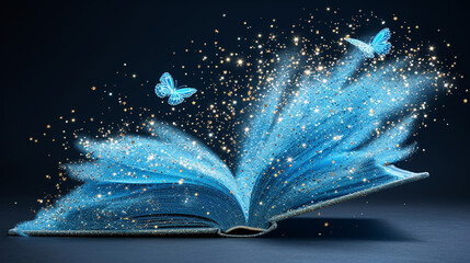 Open book with flying butterflies on blue background. Education concept.
