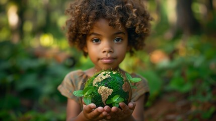A toddler is happily holding a terrestrial plant globe in her hands - obrazy, fototapety, plakaty