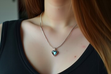 woman with a necklace featuring a blue heart pendant