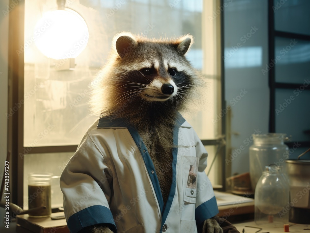 Poster a raccoon in a lab coat standing in front of a window. generative ai.