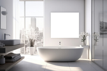 Fototapeta na wymiar Modern luxury bathroom design.A mockup of an empty photo frame hangs on the wall. Design showcase.