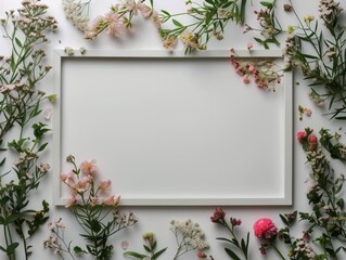 A photo showcasing a white frame adorned with dainty floral motifs, placed amidst a vibrant collection of flowers and lush greenery. - obrazy, fototapety, plakaty