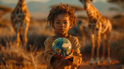 a young boy is holding a globe in front of giraffes in a field - obrazy, fototapety, plakaty